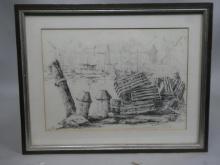 1938 Signed Kaiser Rockport Massachusetts Pencil Drawing