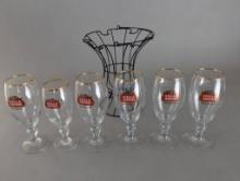 Set of 6 Stella Artois Glasses with Gold Rims and Wire Rack