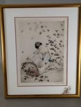 Woman Feeding Birds Etching by Louis Icart in Art Deco Style