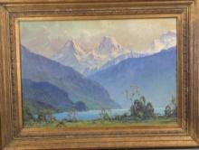 Large Watercolor Painting by H Anthony Dyer of Lake Thun