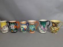 6 Hand Painted Czech Ceramic Pitchers with Floral Motifs
