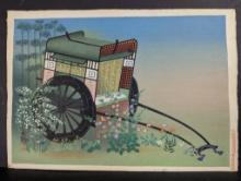 Japanese Woodblock Print by Bakufu Ohno Depicting Ancient Court Wagon