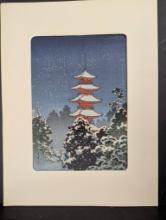 Japanese Woodblock Print Nikko Pagoda in Snow by Tsuchiya Koitsu