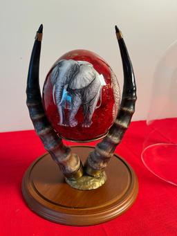 Hand Painted Ostrich Egg On Horn Display In Glass Case