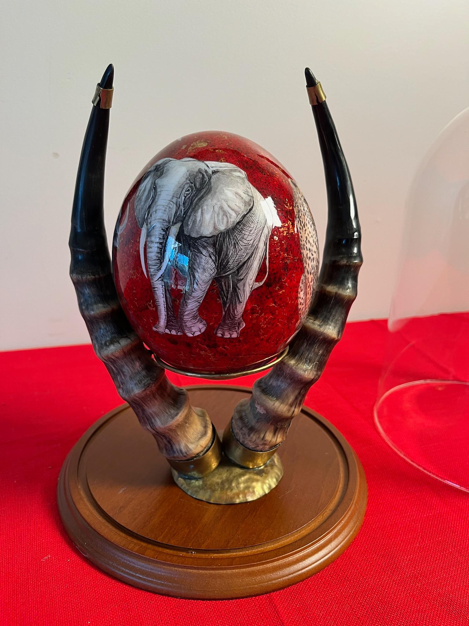 Hand Painted Ostrich Egg On Horn Display In Glass Case