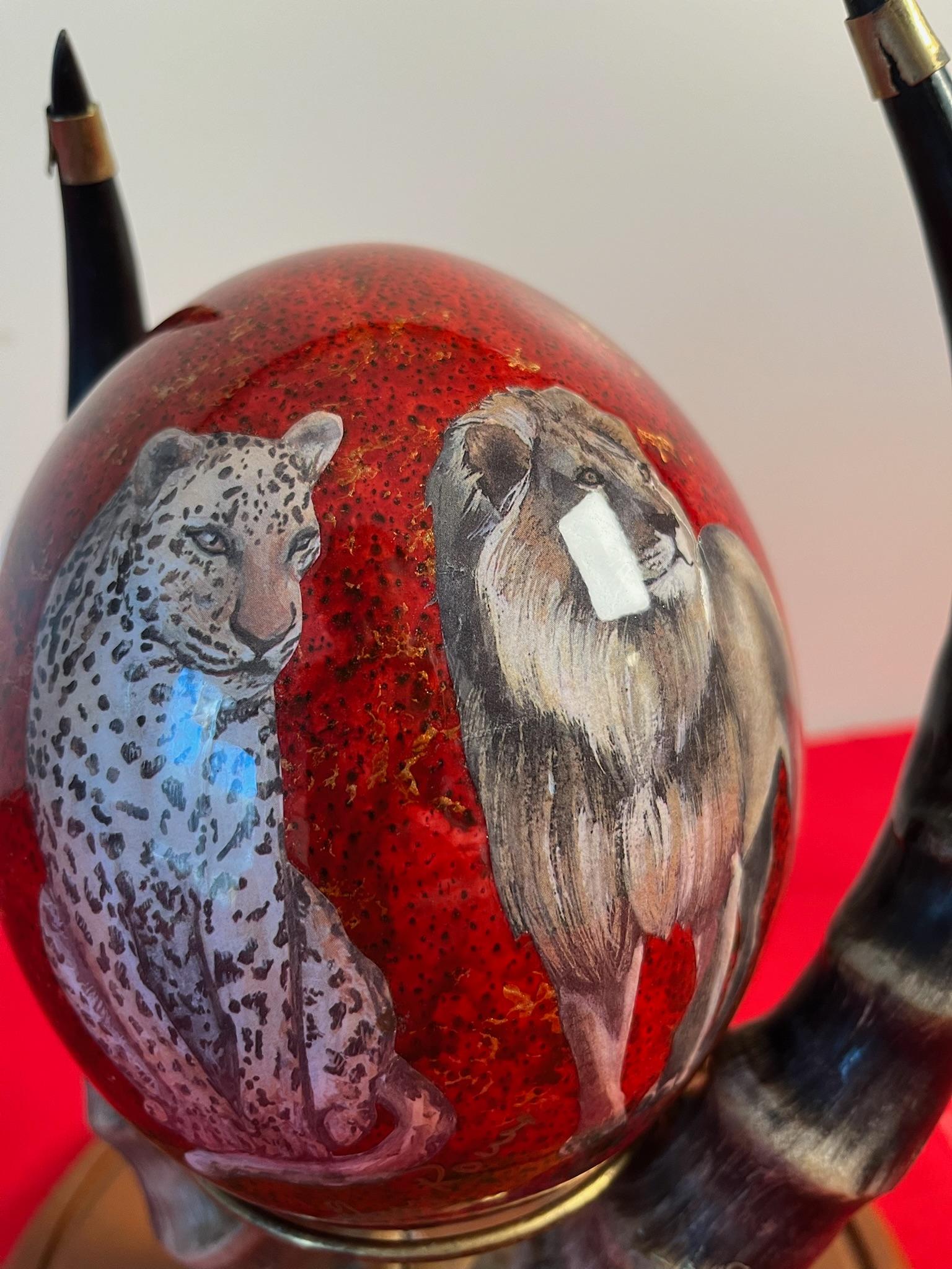 Hand Painted Ostrich Egg On Horn Display In Glass Case