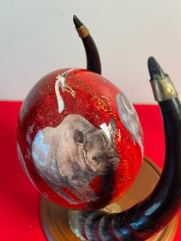 Hand Painted Ostrich Egg On Horn Display In Glass Case