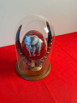 Hand Painted Ostrich Egg On Horn Display In Glass Case