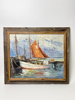 Vintage Painting boat in Harbor signed