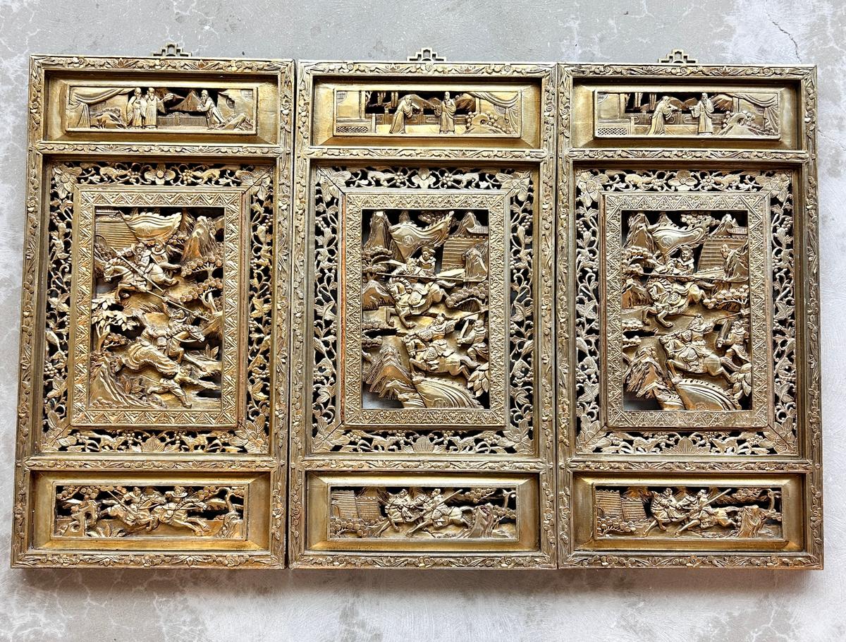 Antique Gold Chinese Carved Wood Panels