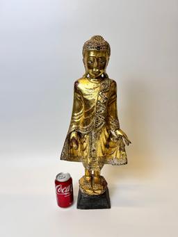 Standing Gold Buddha with colored stones