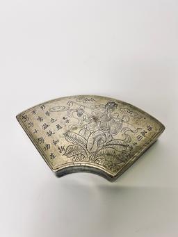 Silver Chinese Fan Box w/Poem 229G