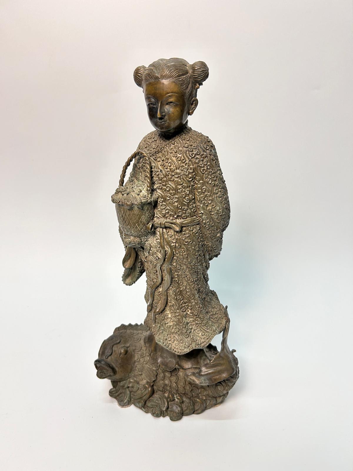 Large Chinese Bronze Child on Lucky Fish