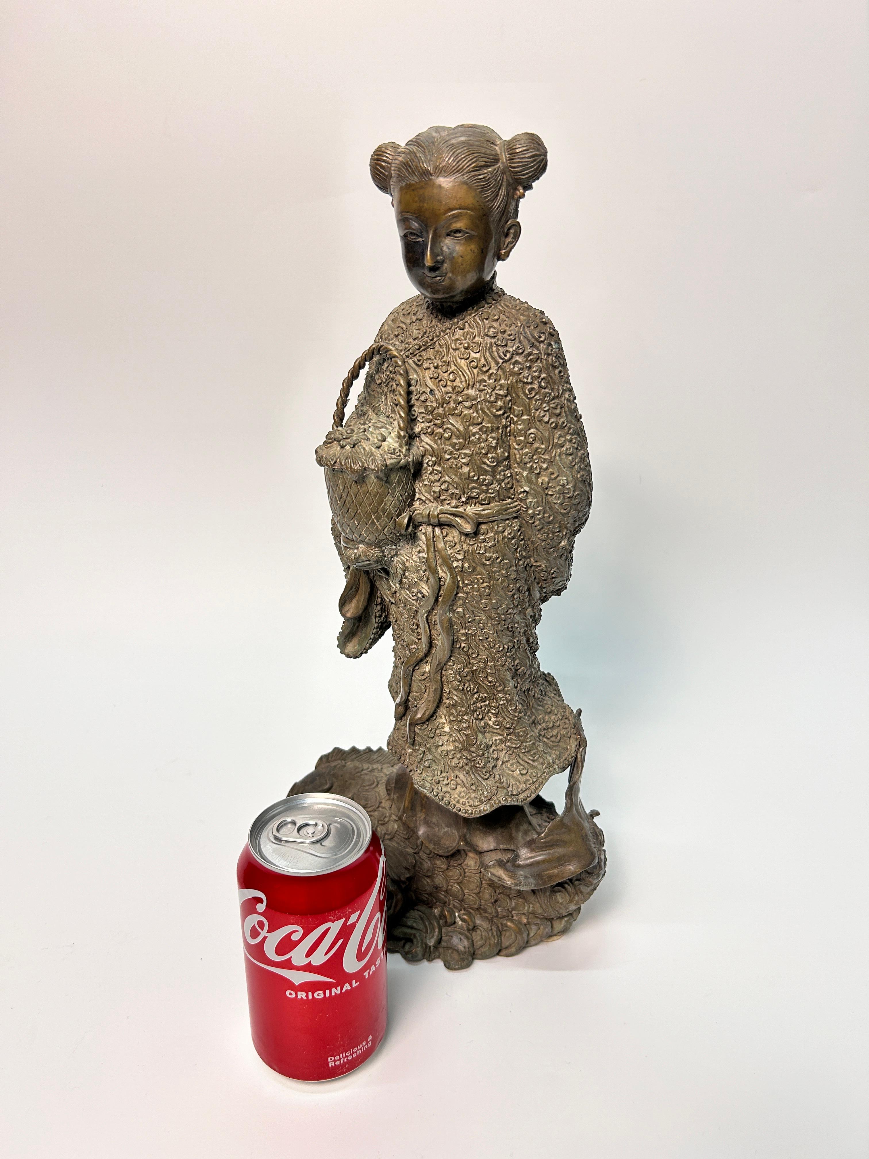 Large Chinese Bronze Child on Lucky Fish