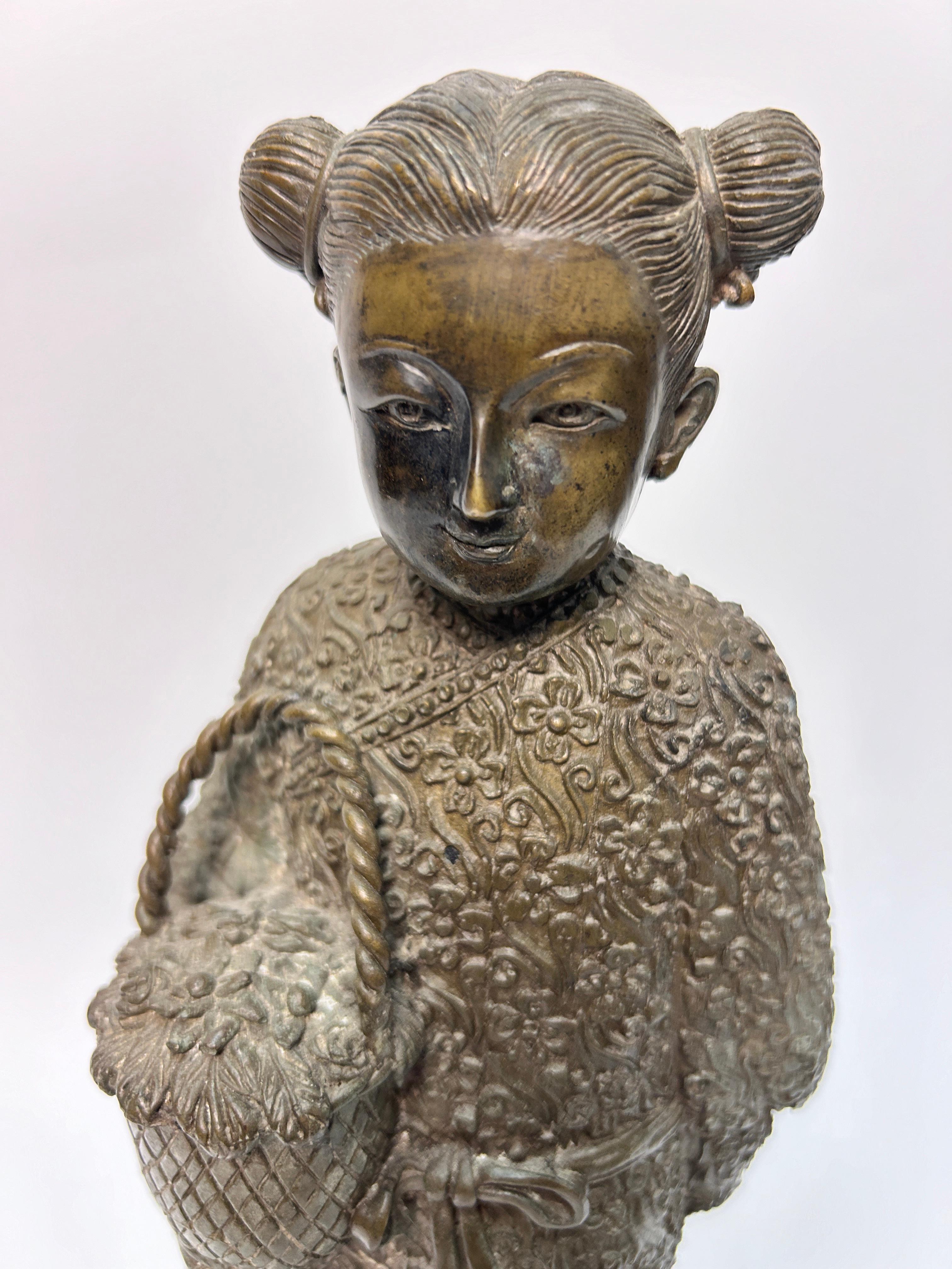 Large Chinese Bronze Child on Lucky Fish