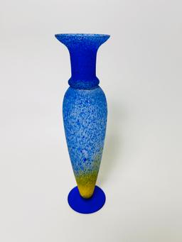 Hand Painted Blue Speckled Glass Vase Signed