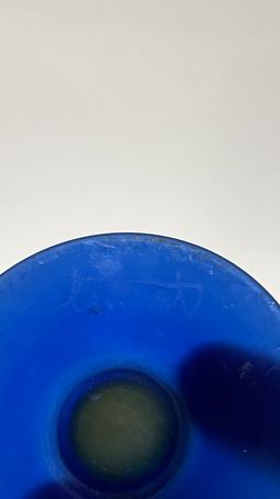 Hand Painted Blue Speckled Glass Vase Signed
