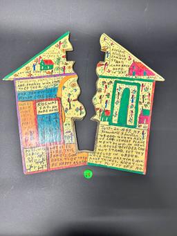 Reverend Howard Finster Carved Painting on Board Double Sided
