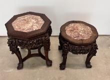 2 Antique Chinese Marble top carved wood stools