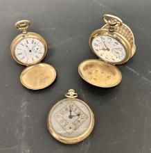 3 Pocket Watches inc. Drusus 160800, AWC CO. Waltham Cashier 302377