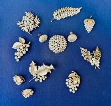 6 Vintage Crown Trifari gold-tone/pearl & 2 sets brooch & earrings
