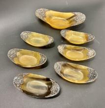 (10) Piece Set Antique Horn and Sterling Dishes