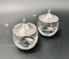 Pair Gumps Pineapple topped Sterling Lidded Jam Pots w/spoons