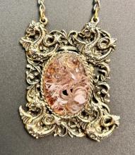 Vintage Les Bernard Dragon Framed Carved Floral Flower Pendant