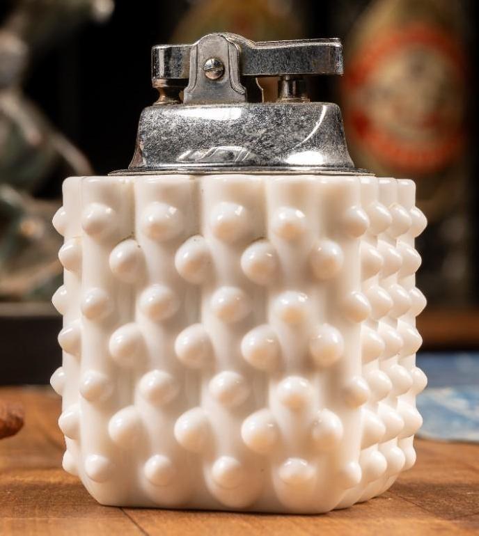 Vintage Japanese Milk Glass Hobnail Cube Lighter