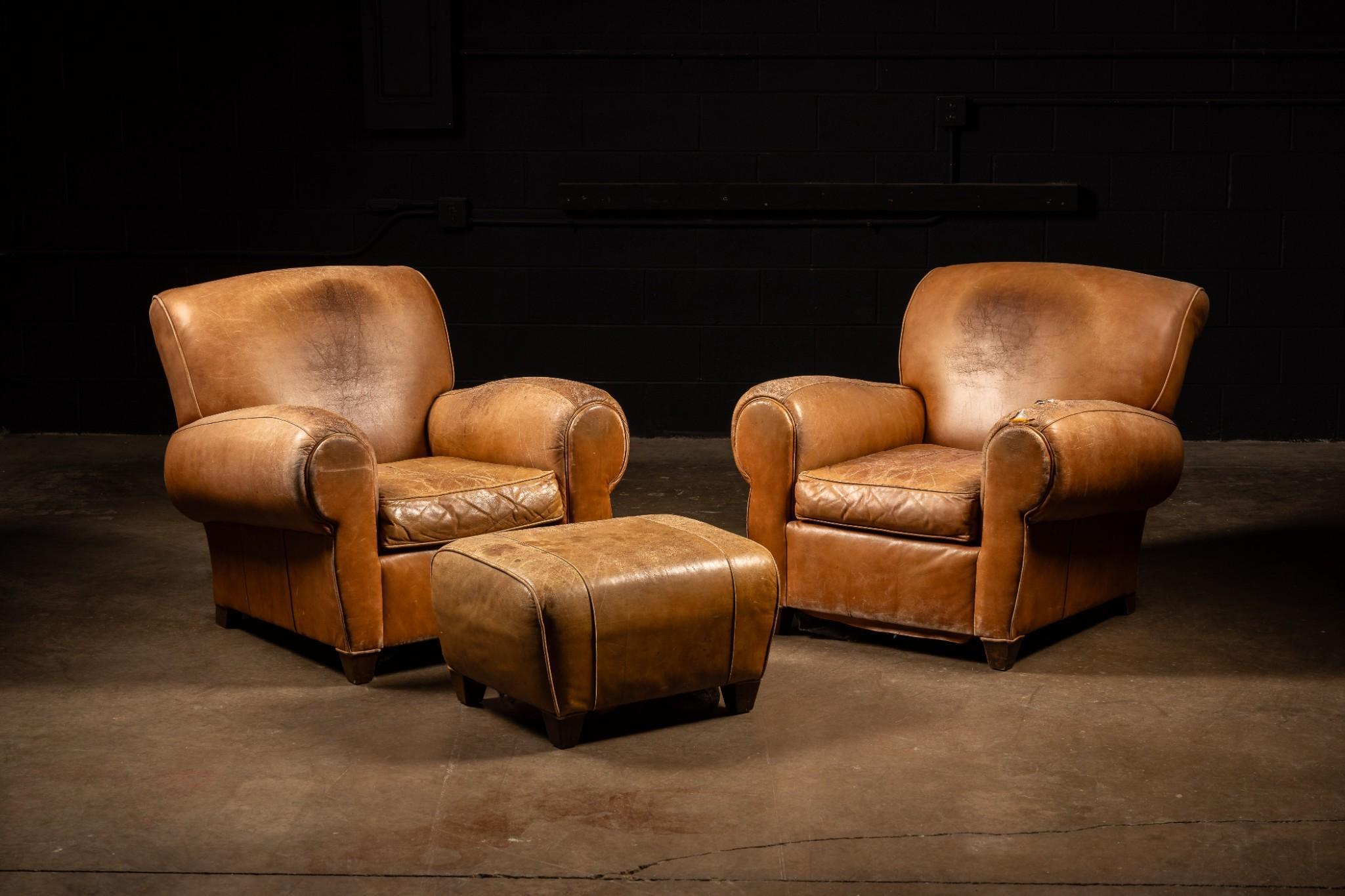 Leather Club Chair and Ottoman Set in Camel