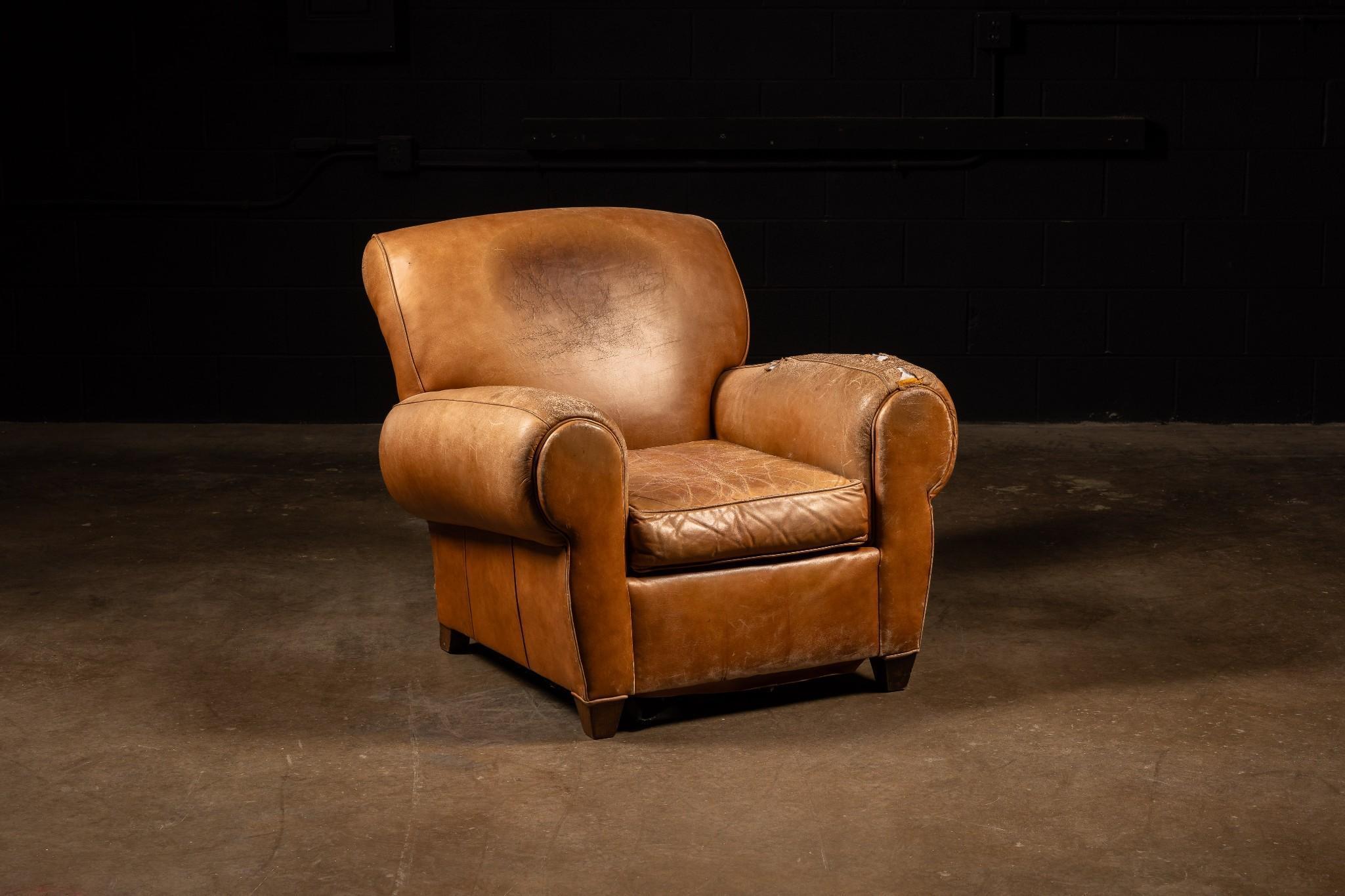 Leather Club Chair and Ottoman Set in Camel