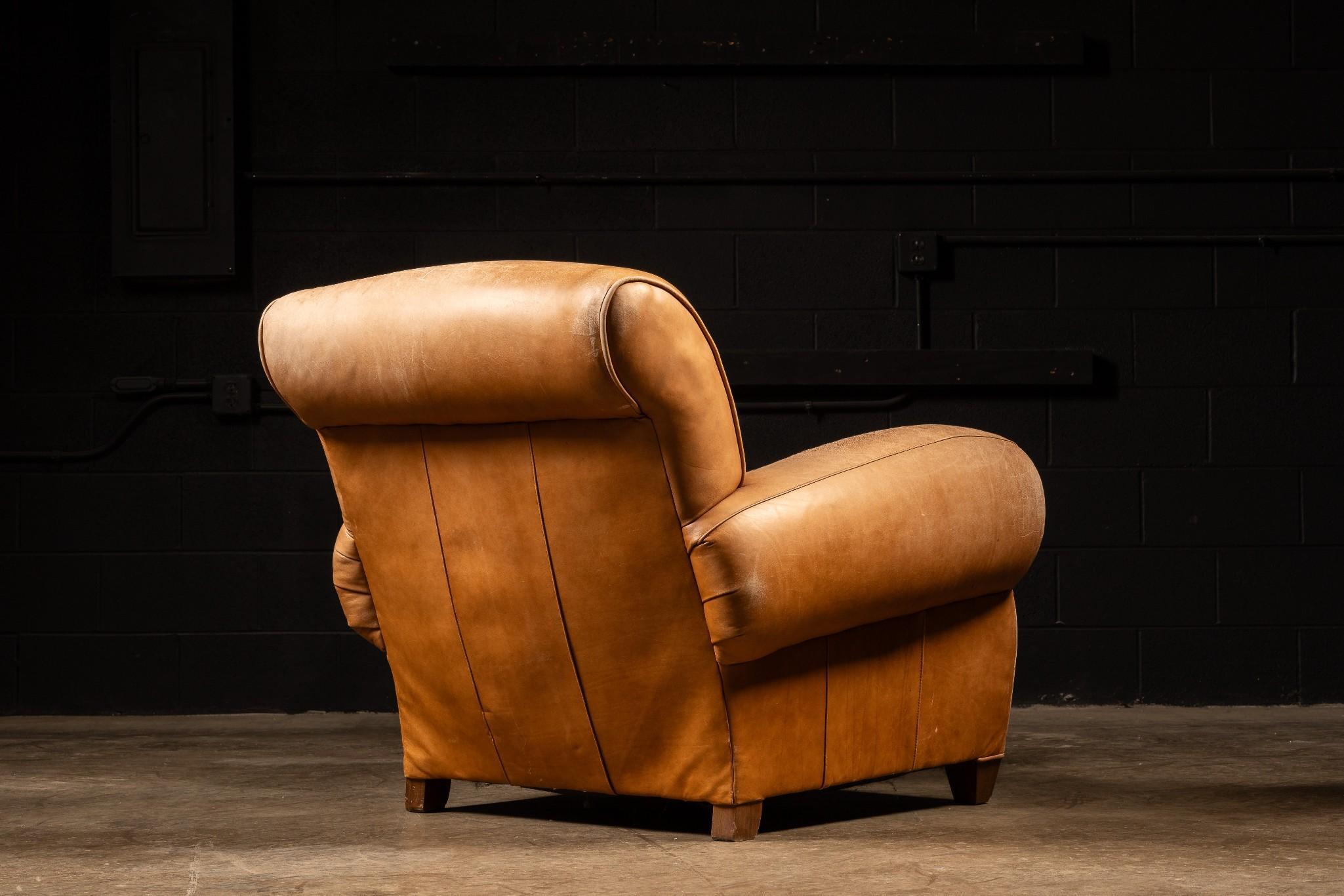 Leather Club Chair and Ottoman Set in Camel