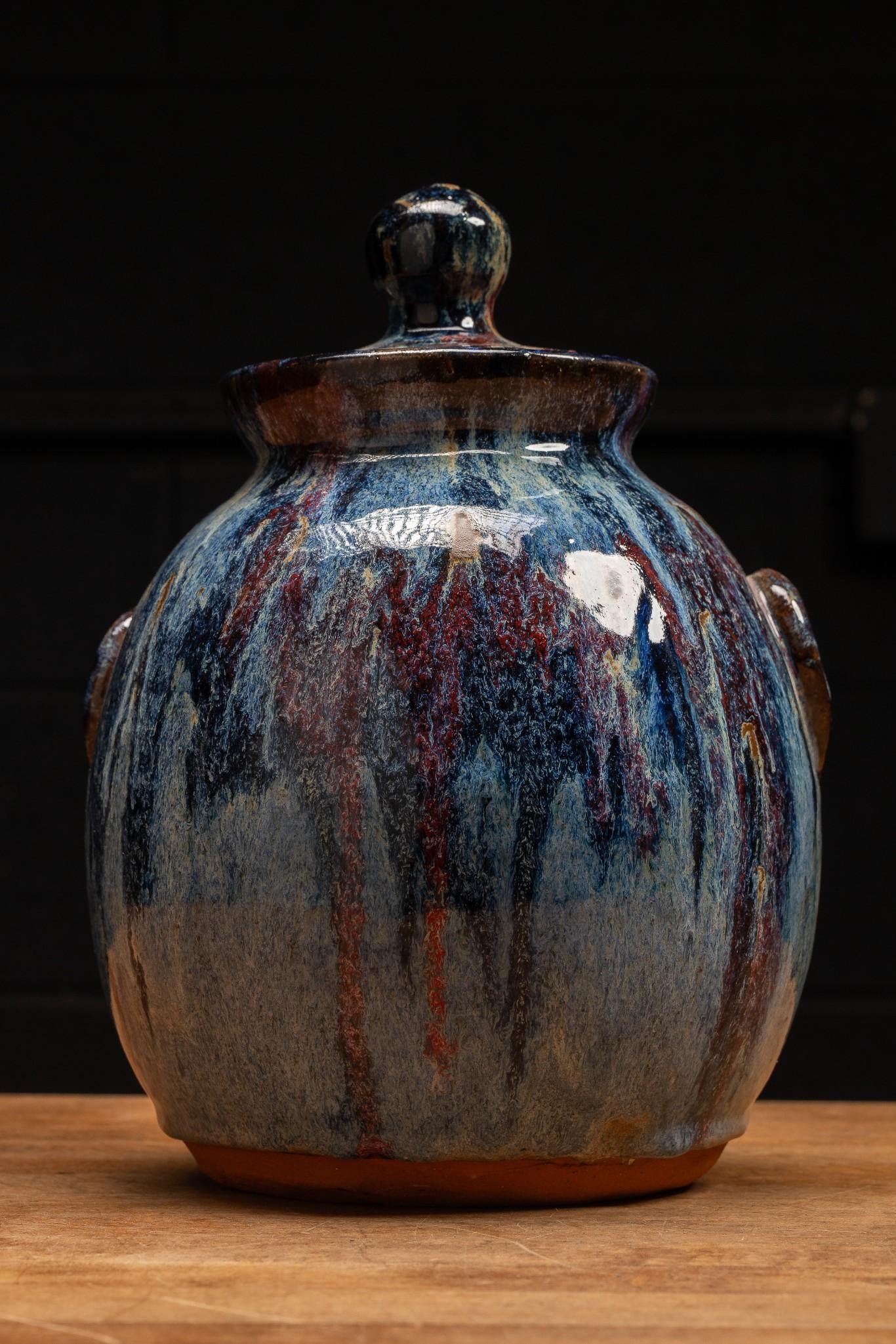 Blue Glazeware Face Jar with Lid by Billy Joe Craven