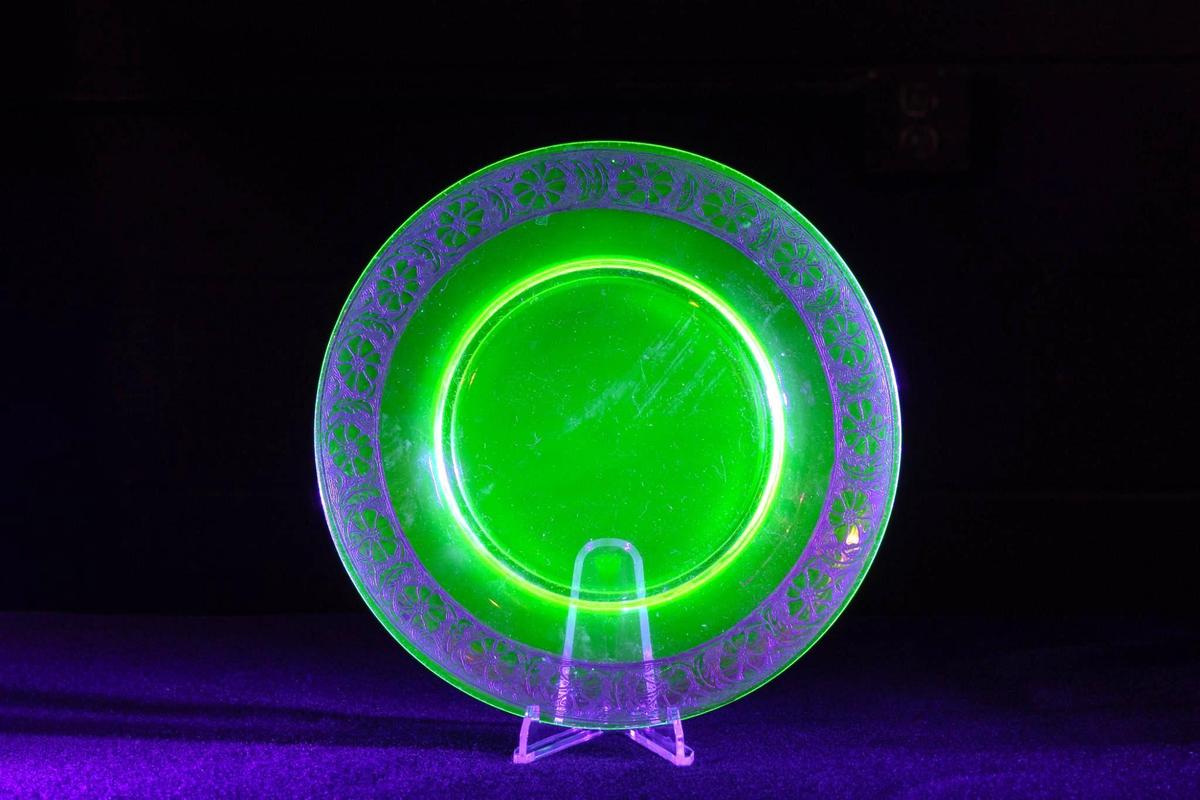 Uranium Glass Sandwich Plate with Gold Leaf Floral Detail