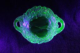 Uranium Glass Floral Pear Bowl with Handles