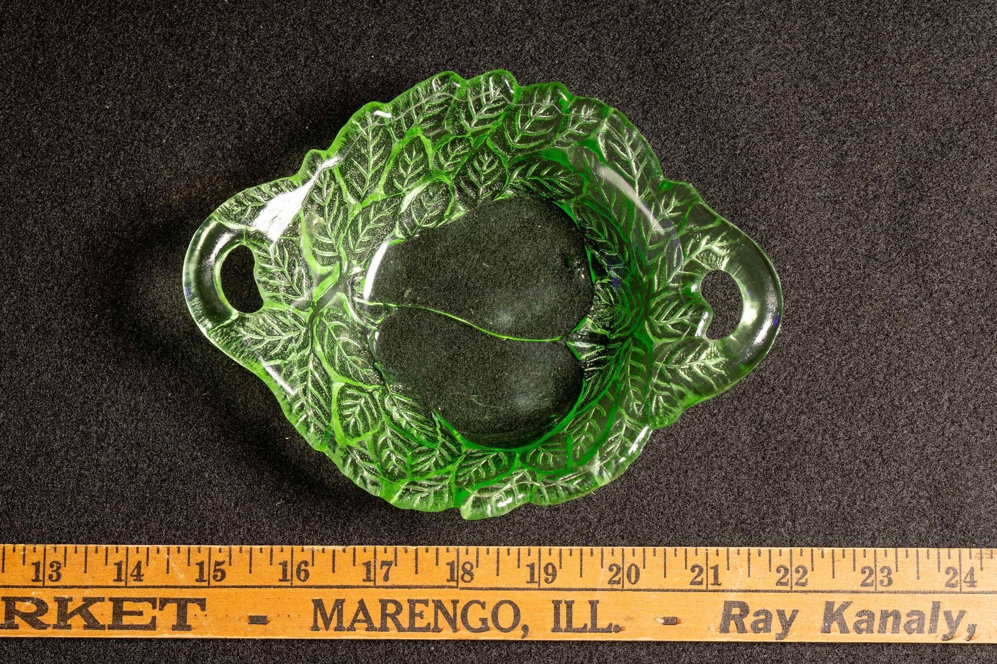 Uranium Glass Floral Pear Bowl with Handles