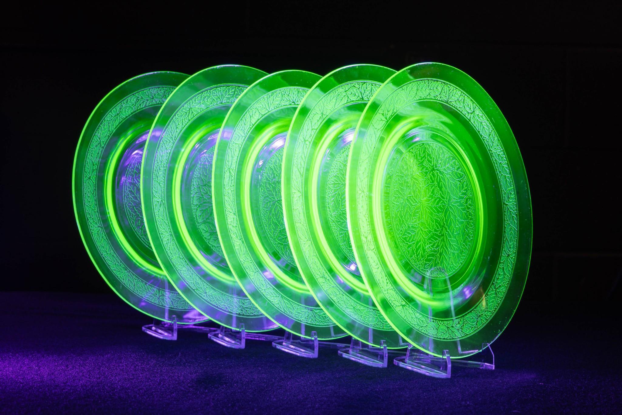 Uranium Glass Floral Plates - Set of 5