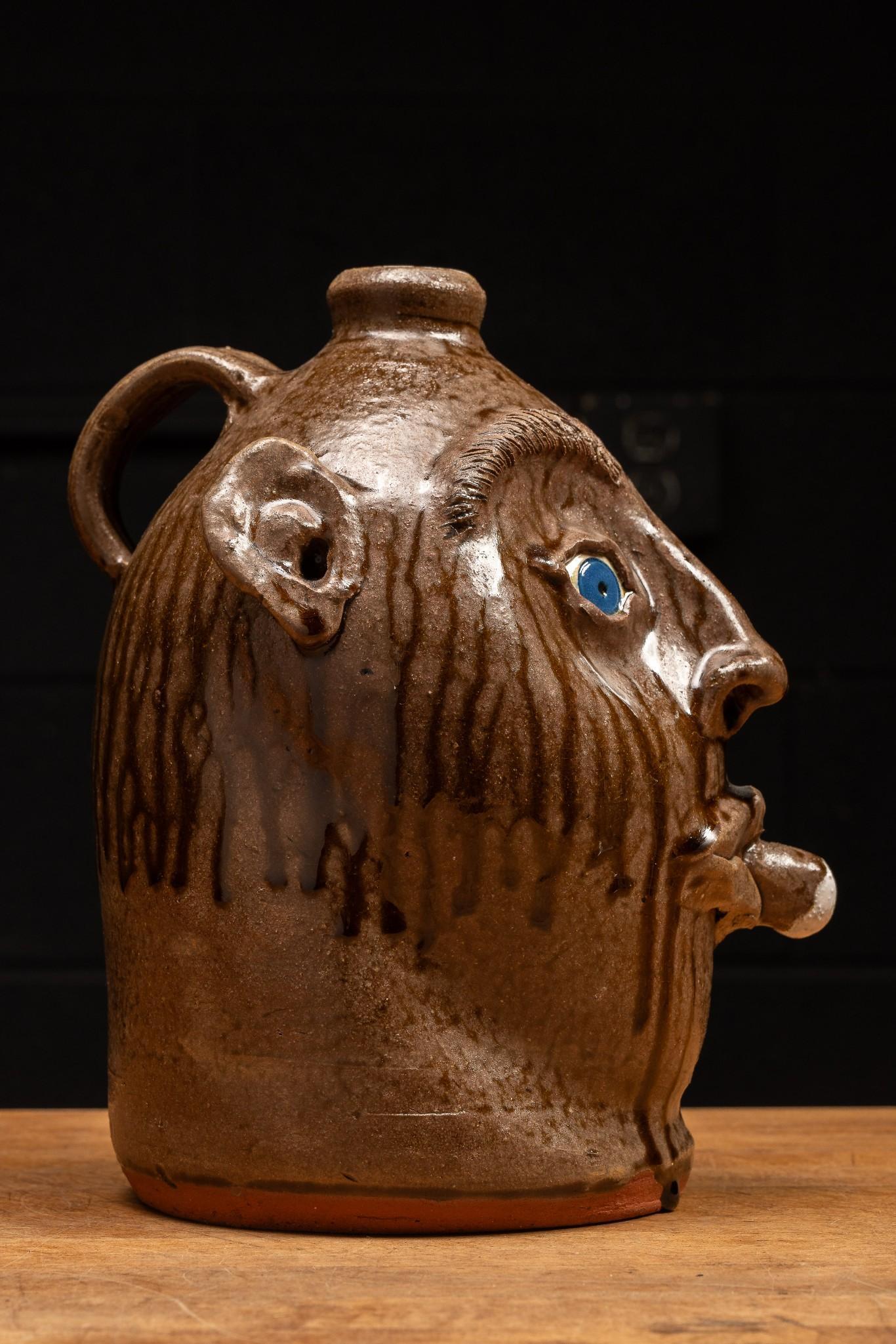 Glazeware Face Jug with Cigar and Blue Eyes by Mike Craven