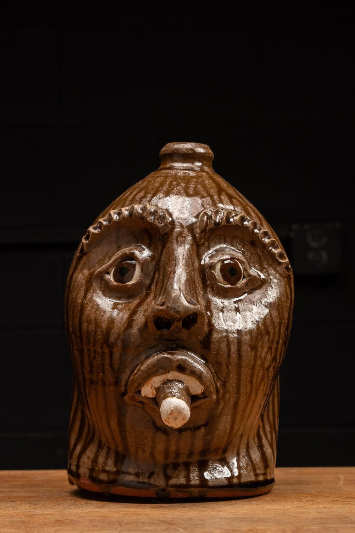 Brown Glazeware Face Jug with Cigar by Mike Craven, 2021