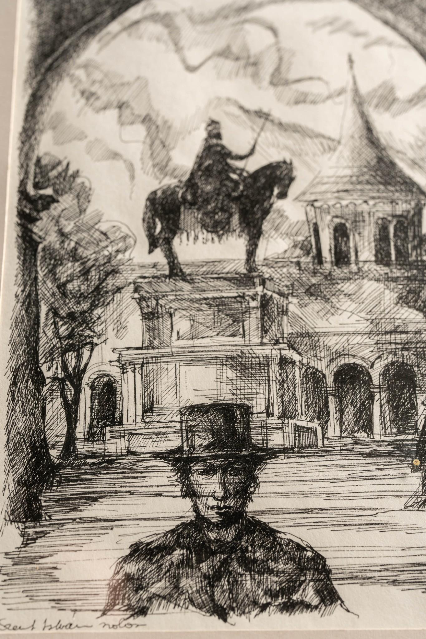 Illustration of City Street with Statue, Pen on Paper, 1987