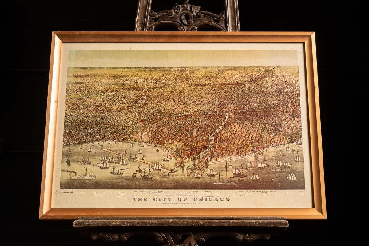 1892 Currier & Ives City of Chicago Map, Modern Print, Framed