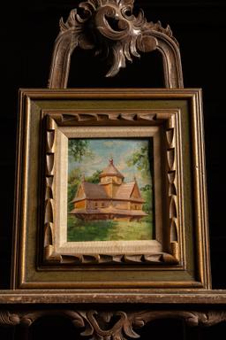 Ukrainian Stave Church Painting, Oil On Board, Framed, 1950