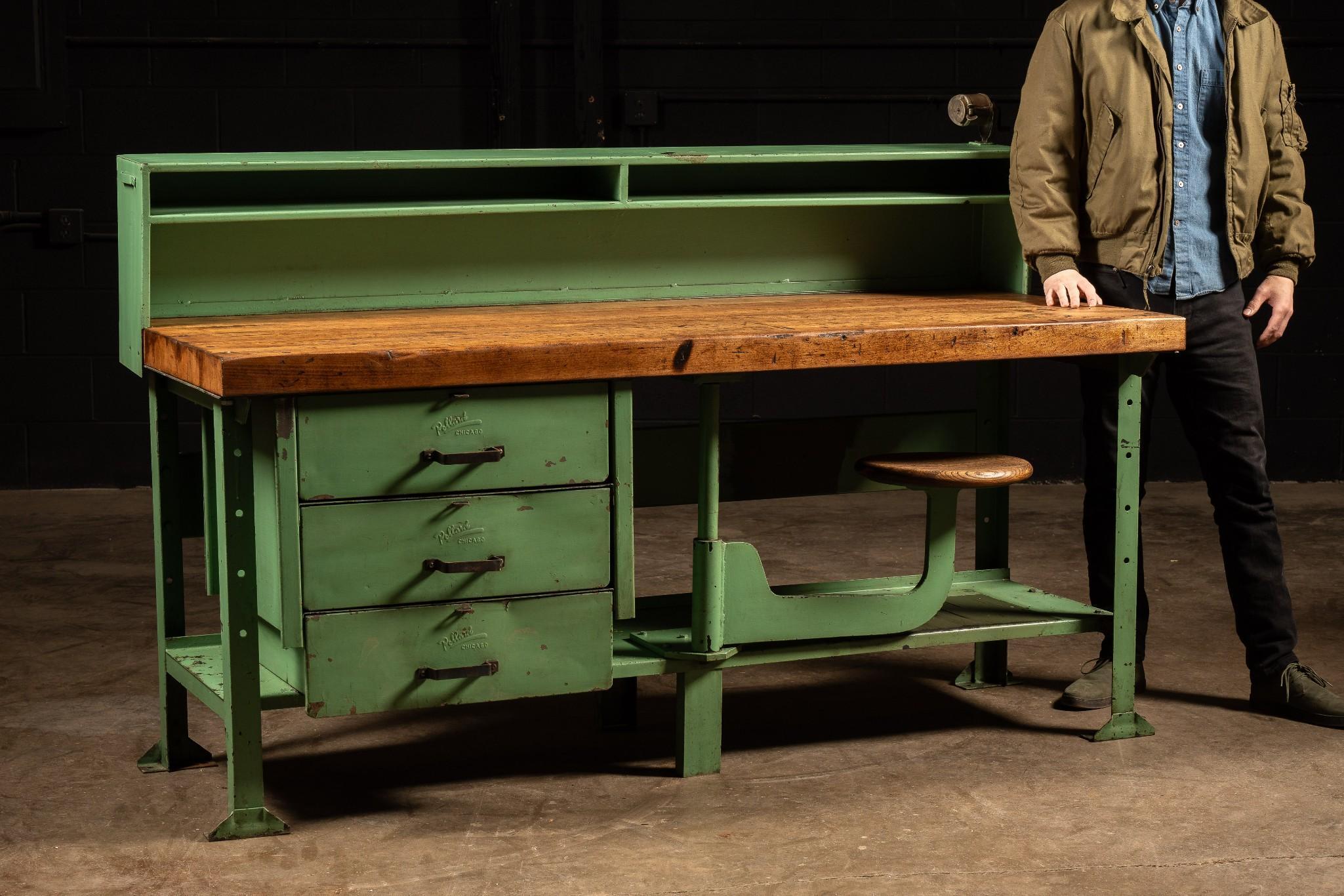 Antique Butcher Block Workbench with Swing Stool