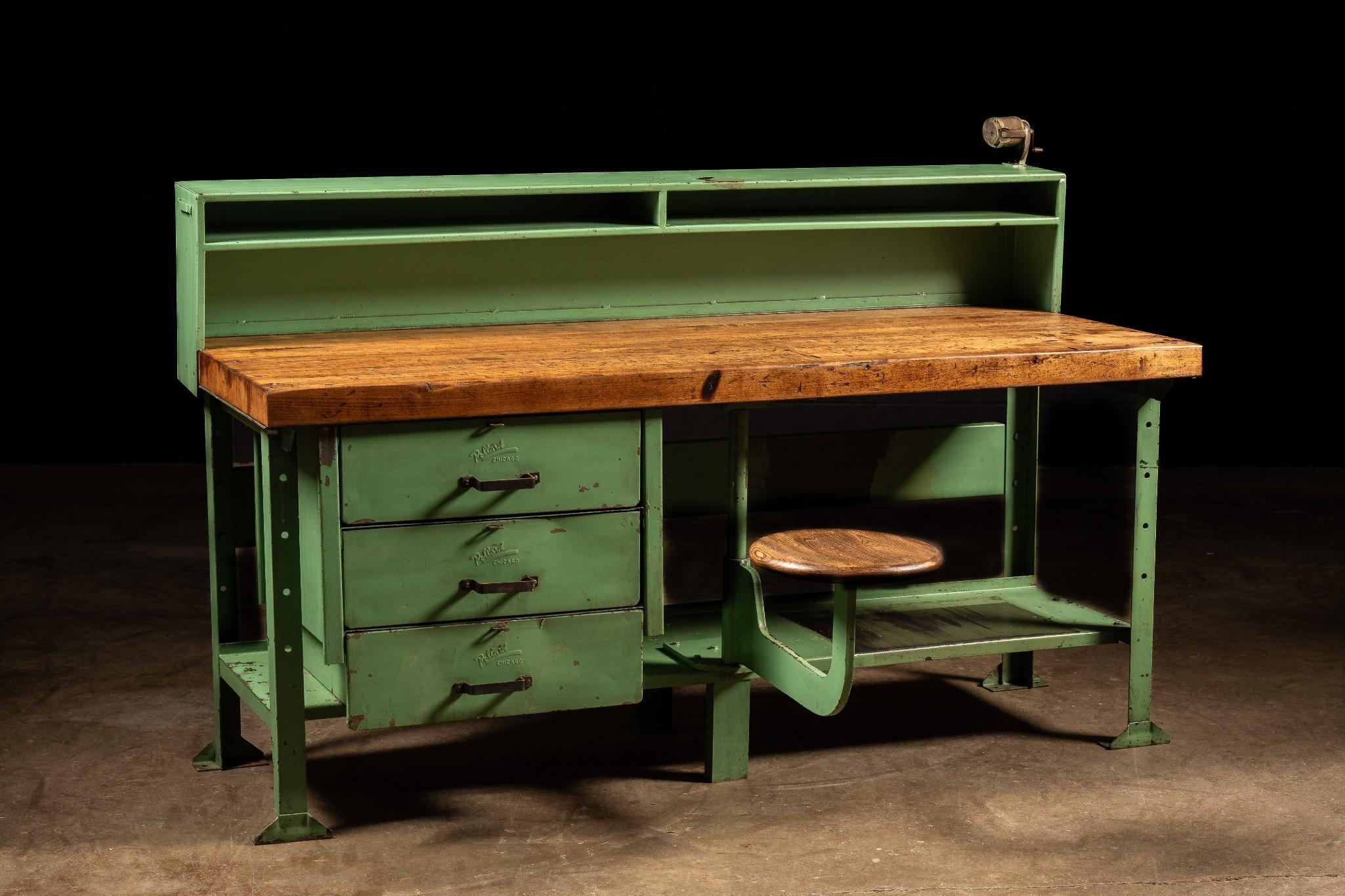 Antique Butcher Block Workbench with Swing Stool