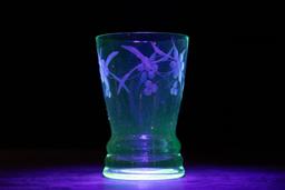 Antique Uranium Glass Drinking Cup with Floral Etching
