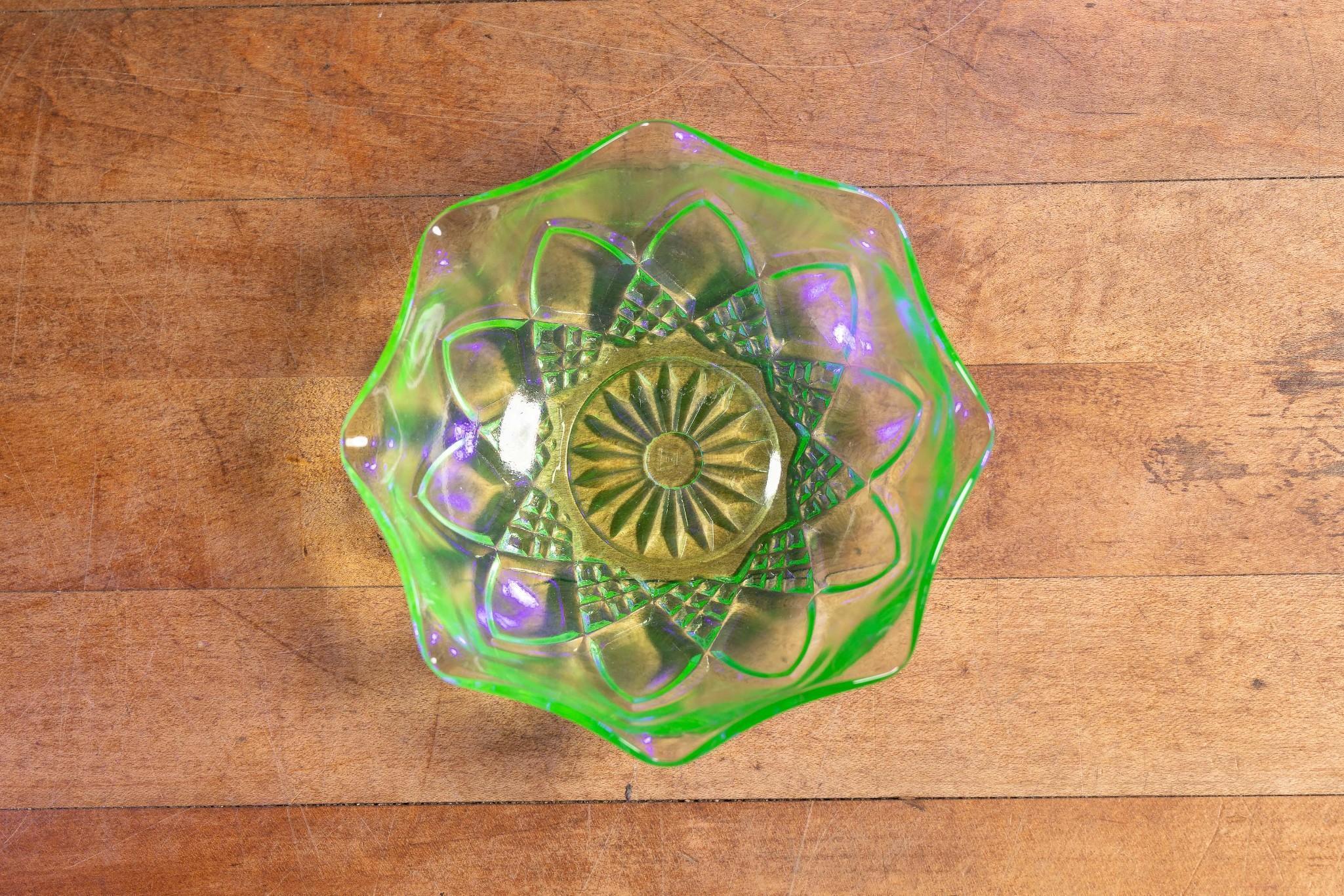 Antique Uranium Glass Round Dish by Hazel Atlas 1