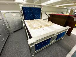Cushioned jewel-designed queen bed set (headboard, footboard, rails)