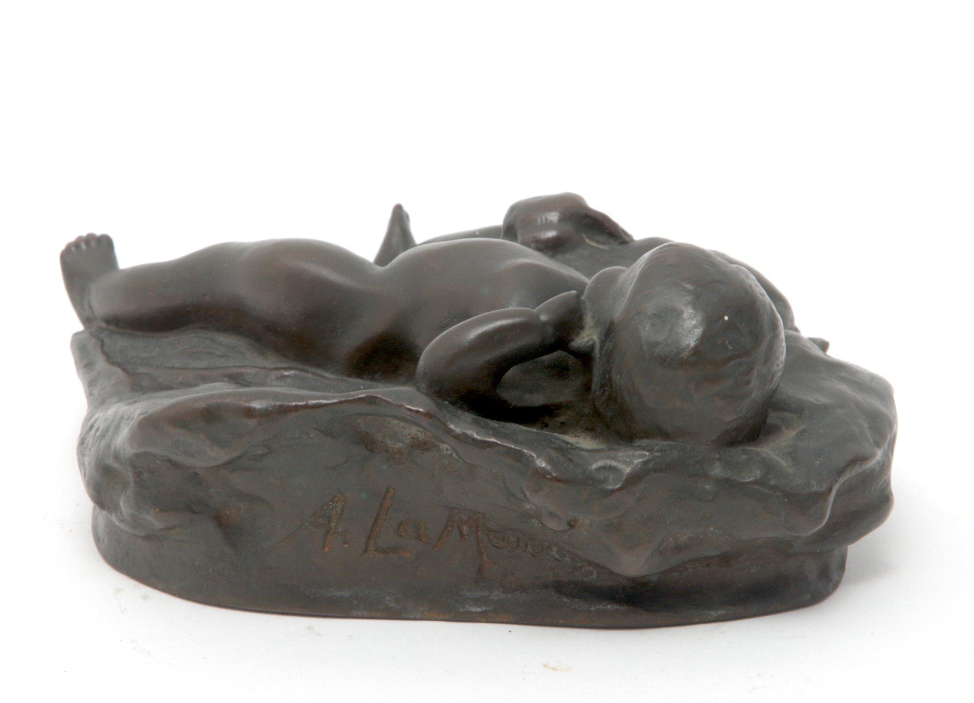 Signed Bronze Newborn With Puppy Sculpture