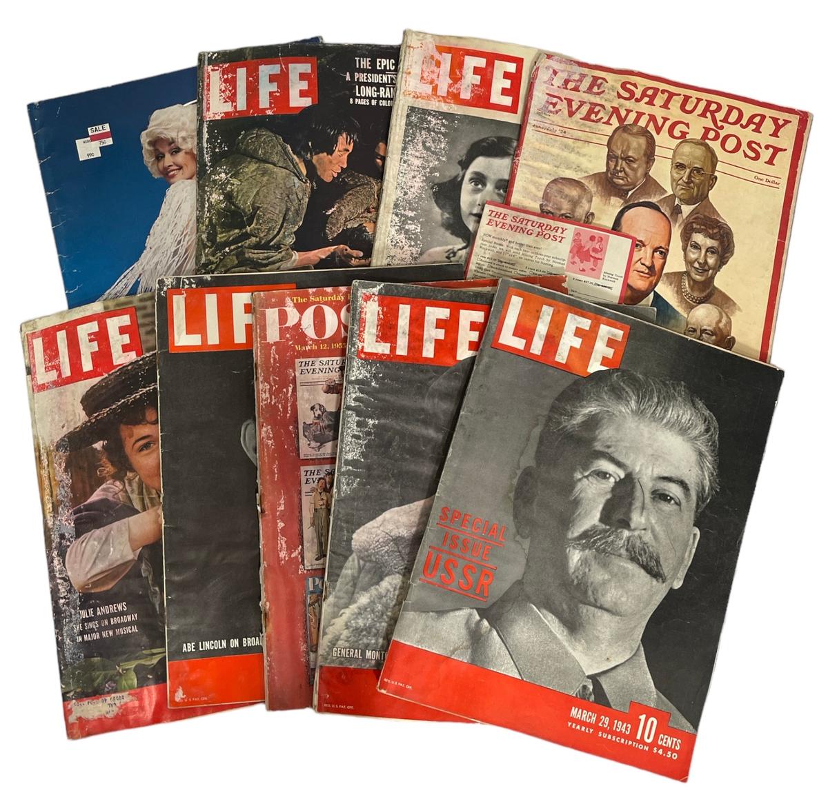 Vintage LIFE Magazines, Dolly Parton Concert Portfolio, and Saturday Evening Post