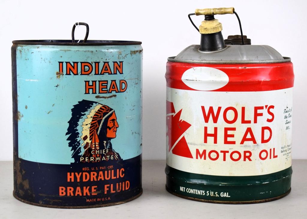 Indian Head & Wolf's Head 5 gallon cans